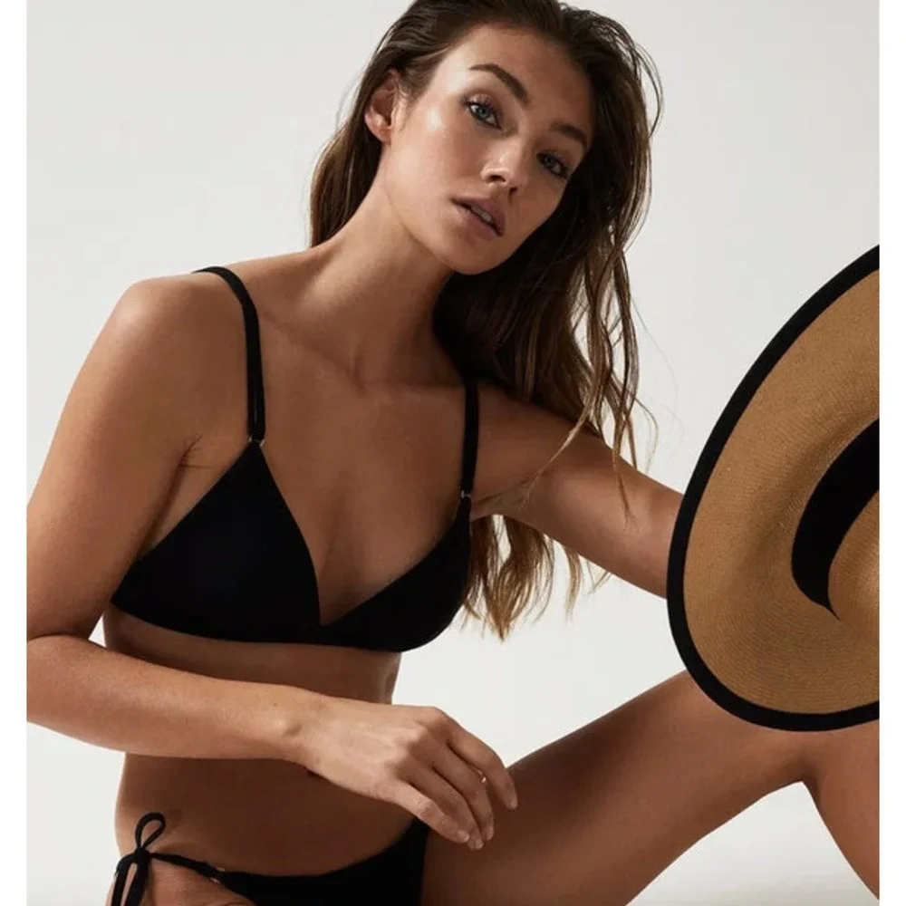 REISS Everly Triangle Bikini Top + Bottom Swimsuit Set Size 8 Black $275 NEW